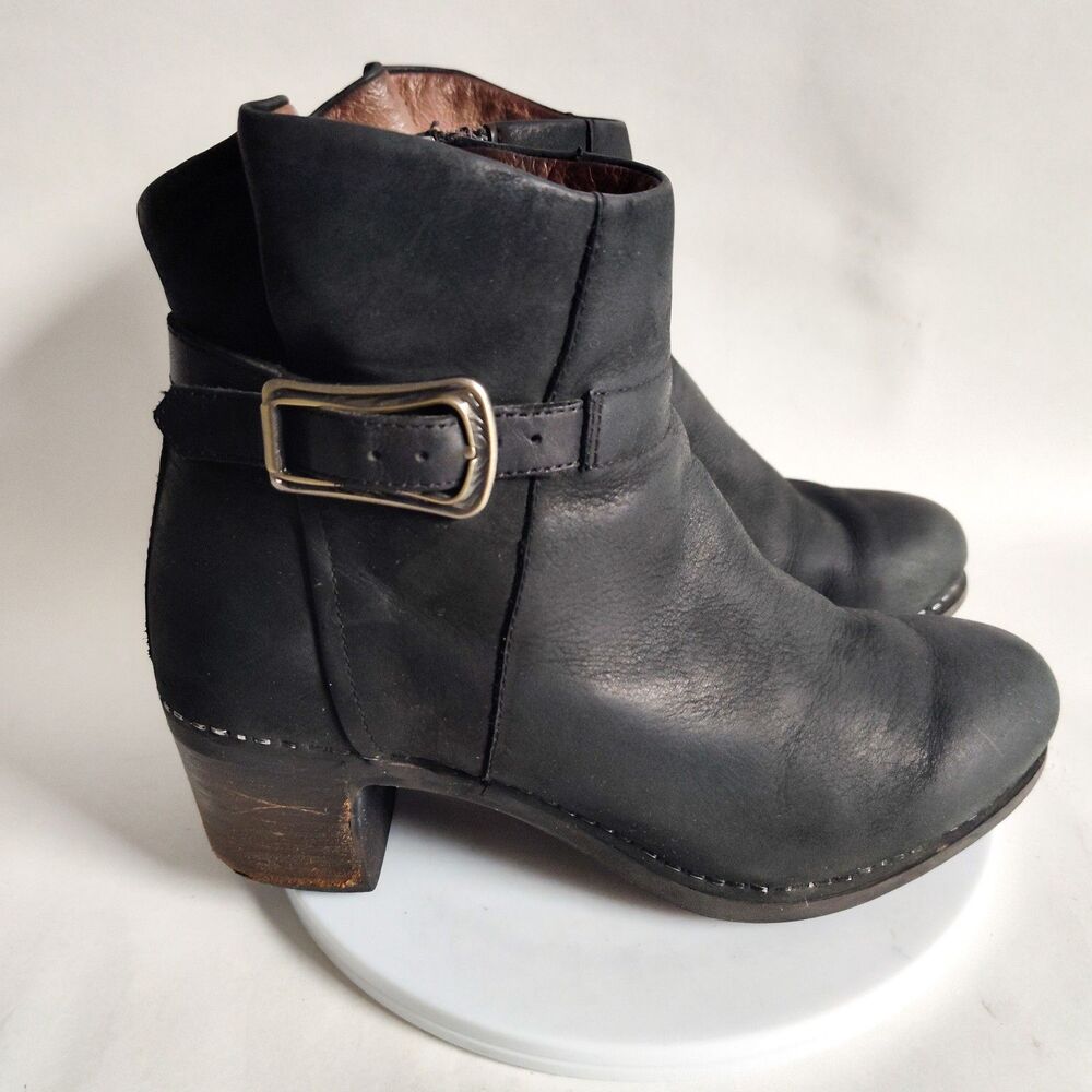 Dansko Hartley Boots Size 36 5.5 - 6 Block Heel Black Nubuck Ankle Strap Shoes